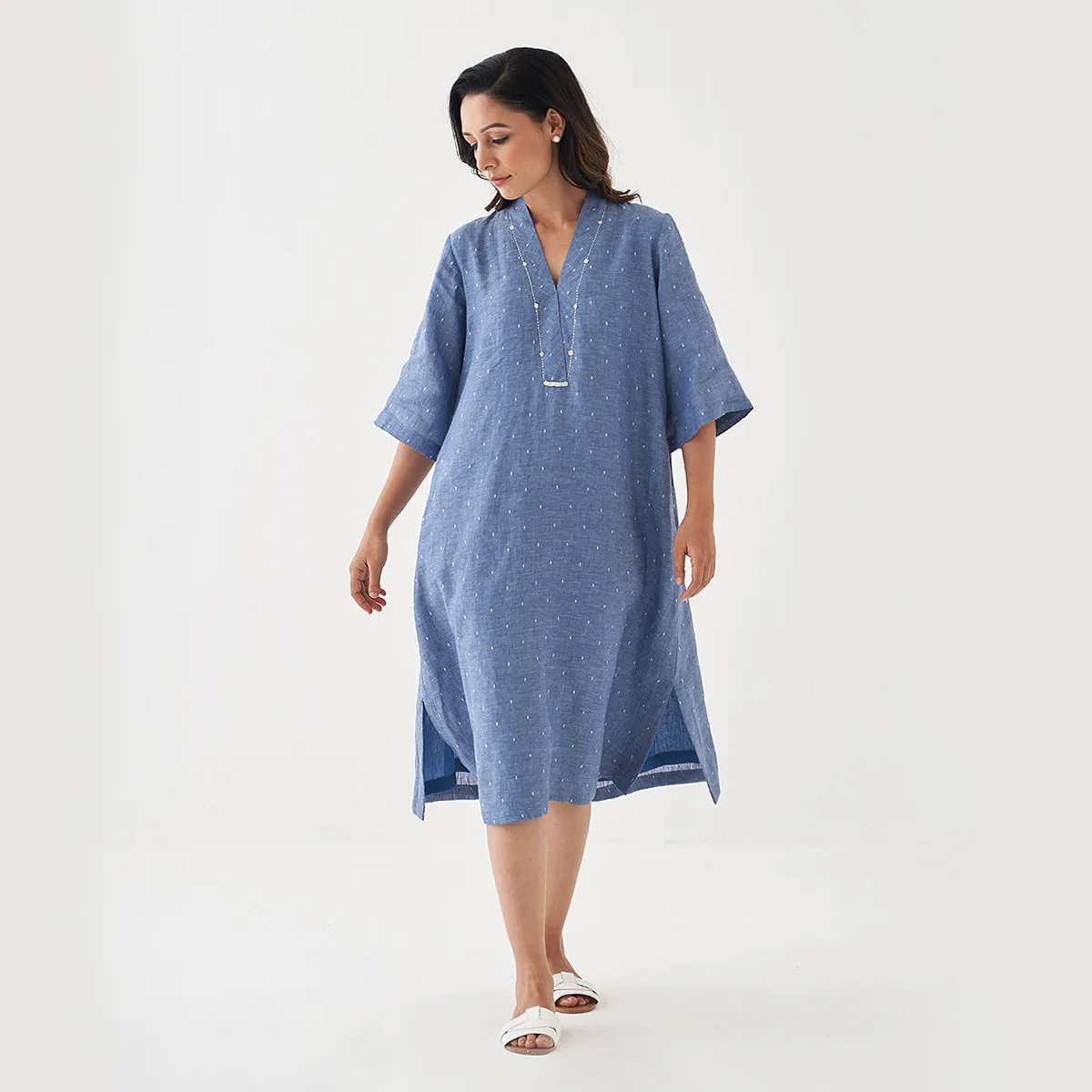 Linen Shift Dress for Women | Denim Blue