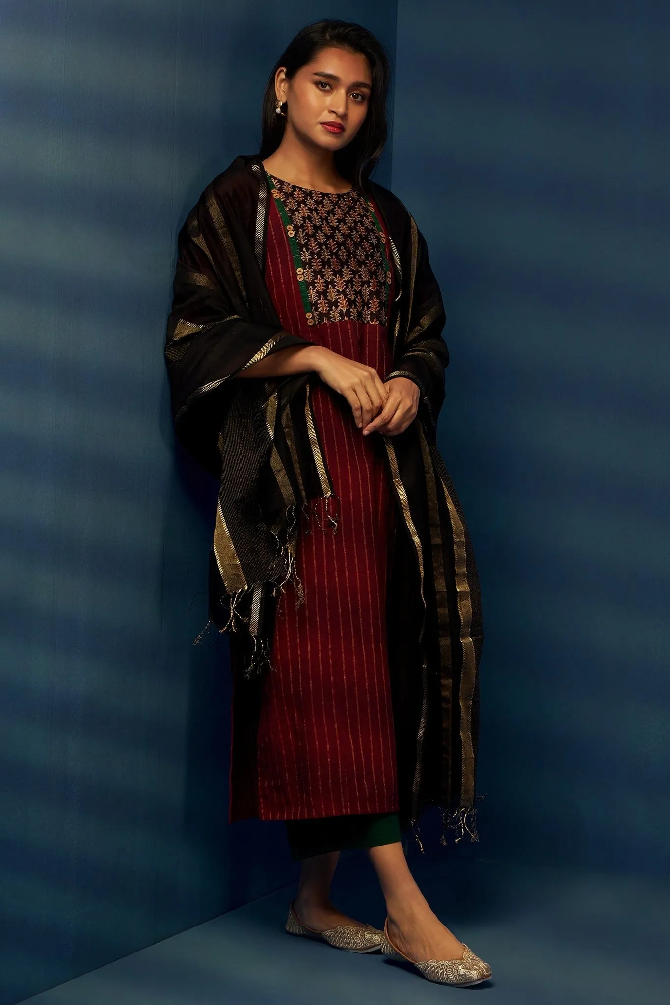 long kurta with yoke - merlot mirage & enigmatic green