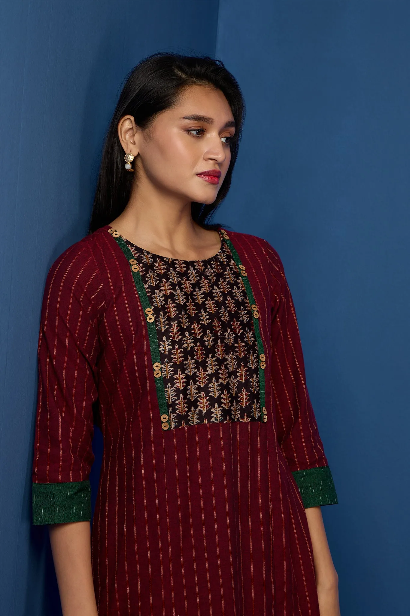 long kurta with yoke - merlot mirage & enigmatic green