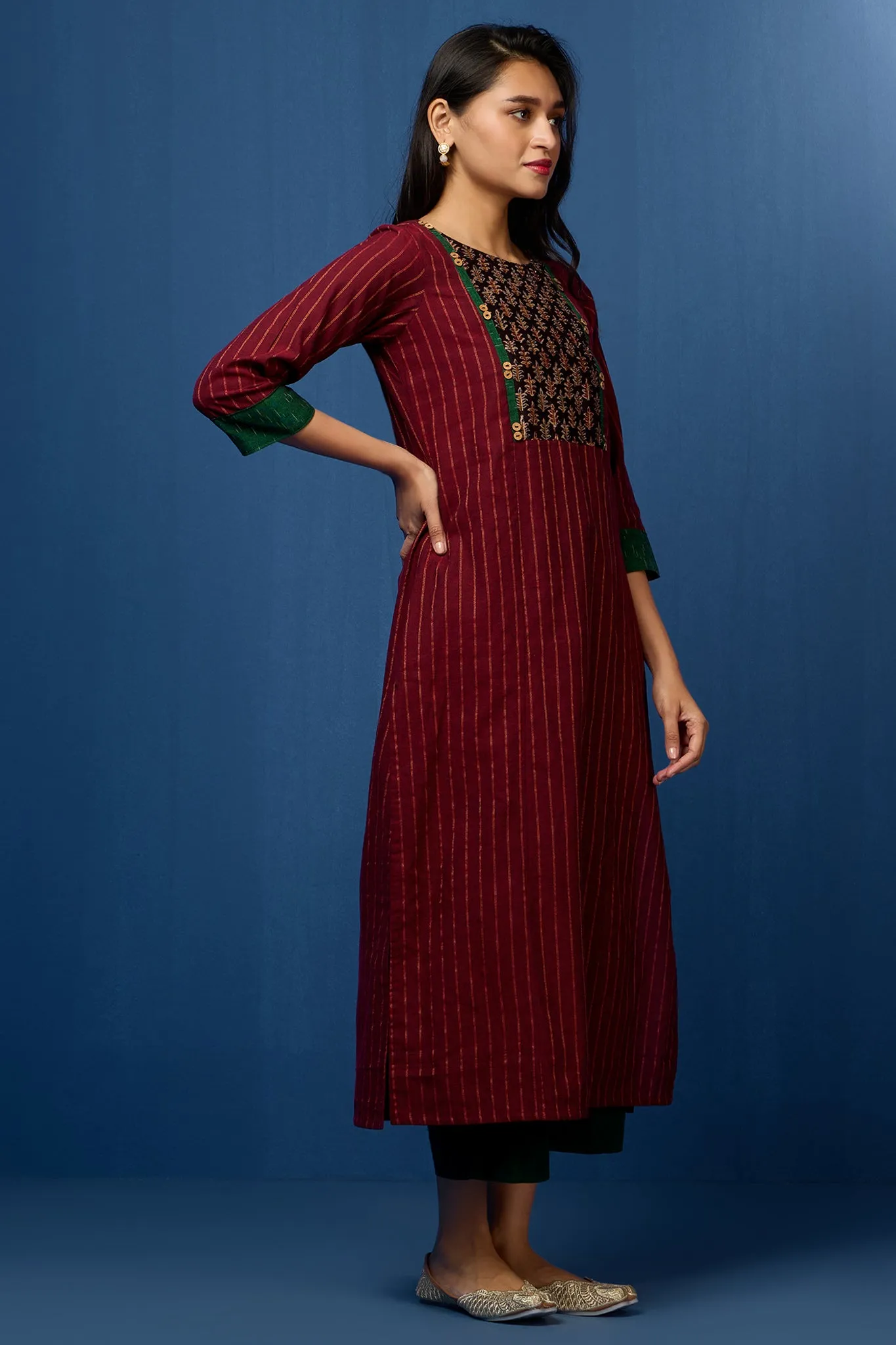 long kurta with yoke - merlot mirage & enigmatic green