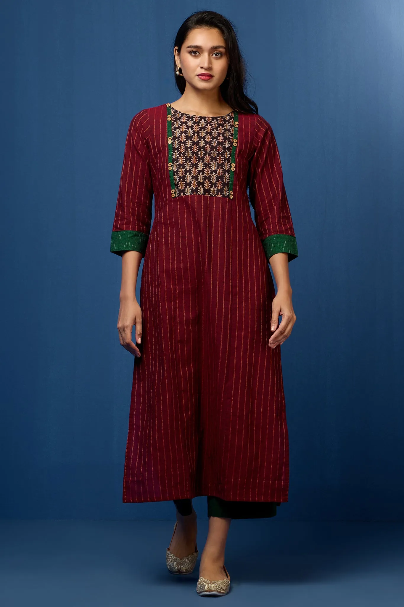 long kurta with yoke - merlot mirage & enigmatic green