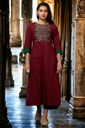 long kurta with yoke - merlot mirage & enigmatic green