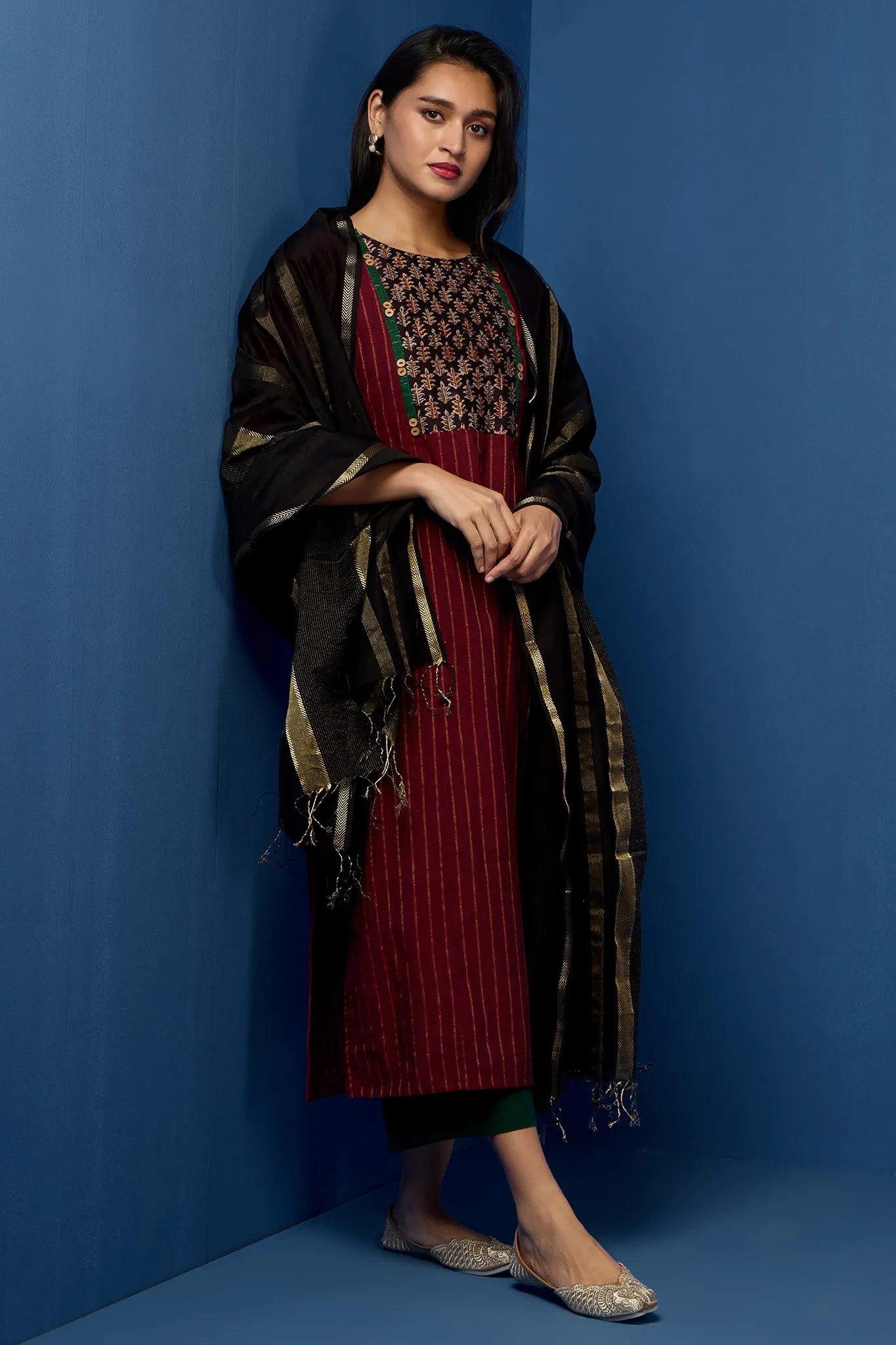 long kurta with yoke - merlot mirage & enigmatic green