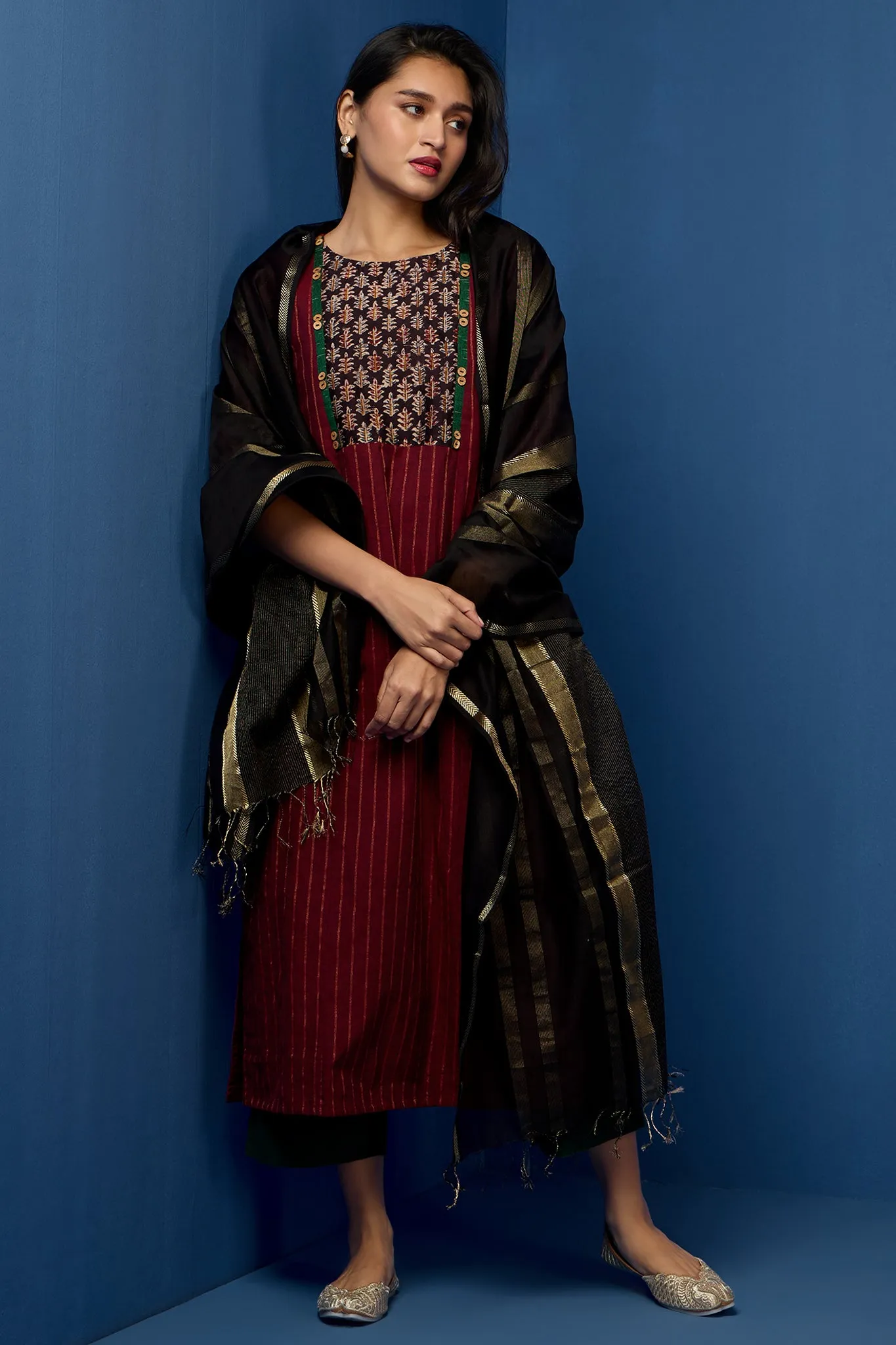 long kurta with yoke - merlot mirage & enigmatic green