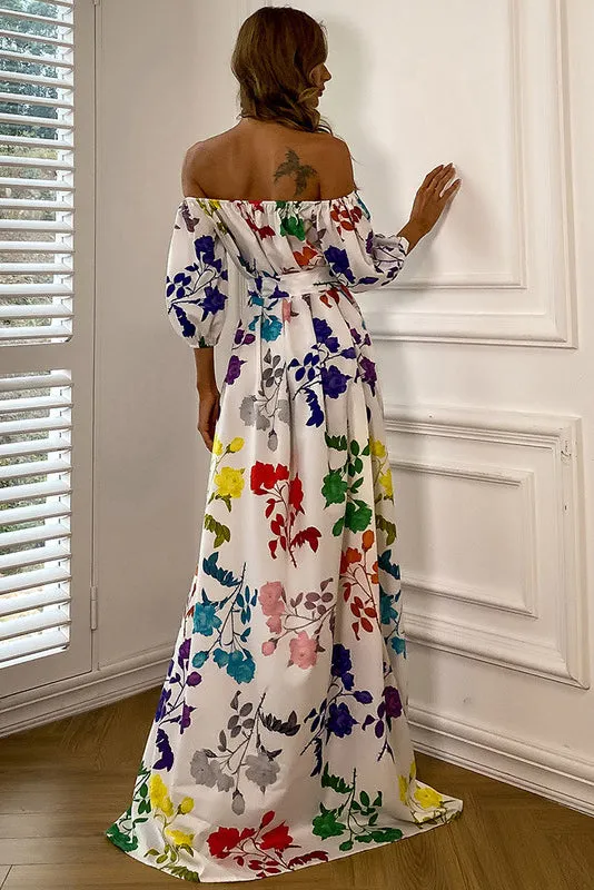 Long Print A-Line Off-the-Shoulder Maxi Prom Dress