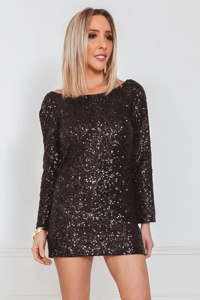 Long Sleeve Sequin Bodycon Dress - Black