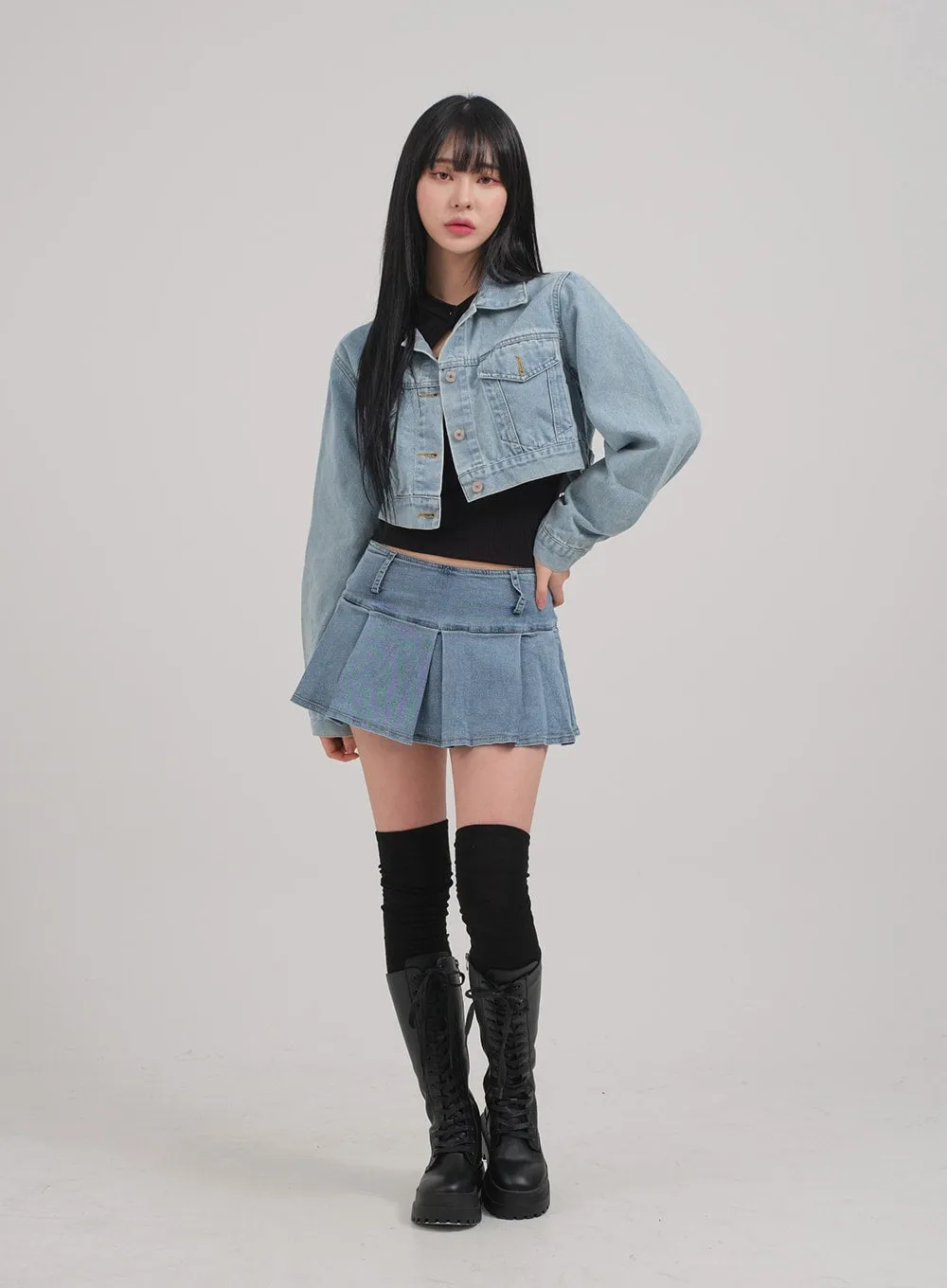 Low Rise Pleated Denim Mini Skirt C0302