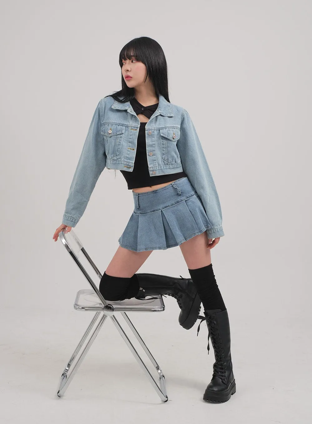 Low Rise Pleated Denim Mini Skirt C0302