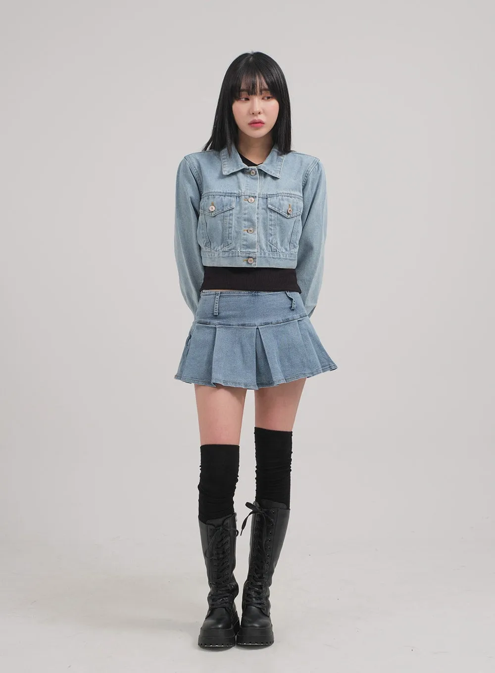 Low Rise Pleated Denim Mini Skirt C0302