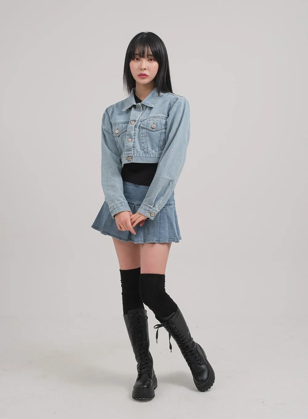 Low Rise Pleated Denim Mini Skirt C0302