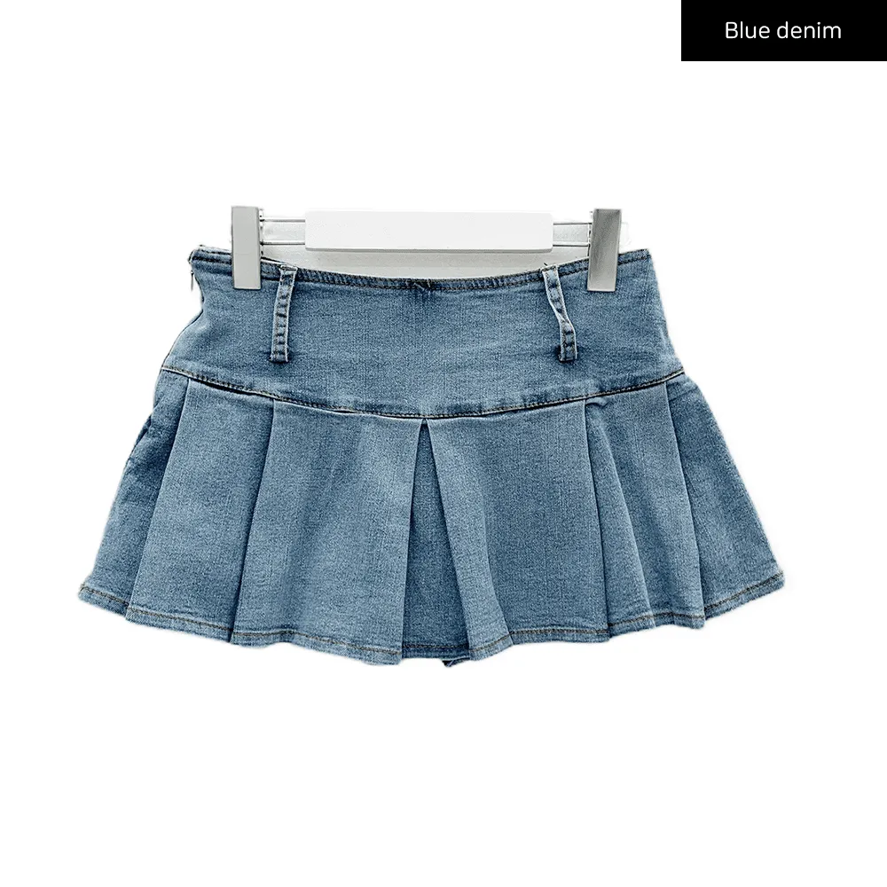 Low Rise Pleated Denim Mini Skirt C0302