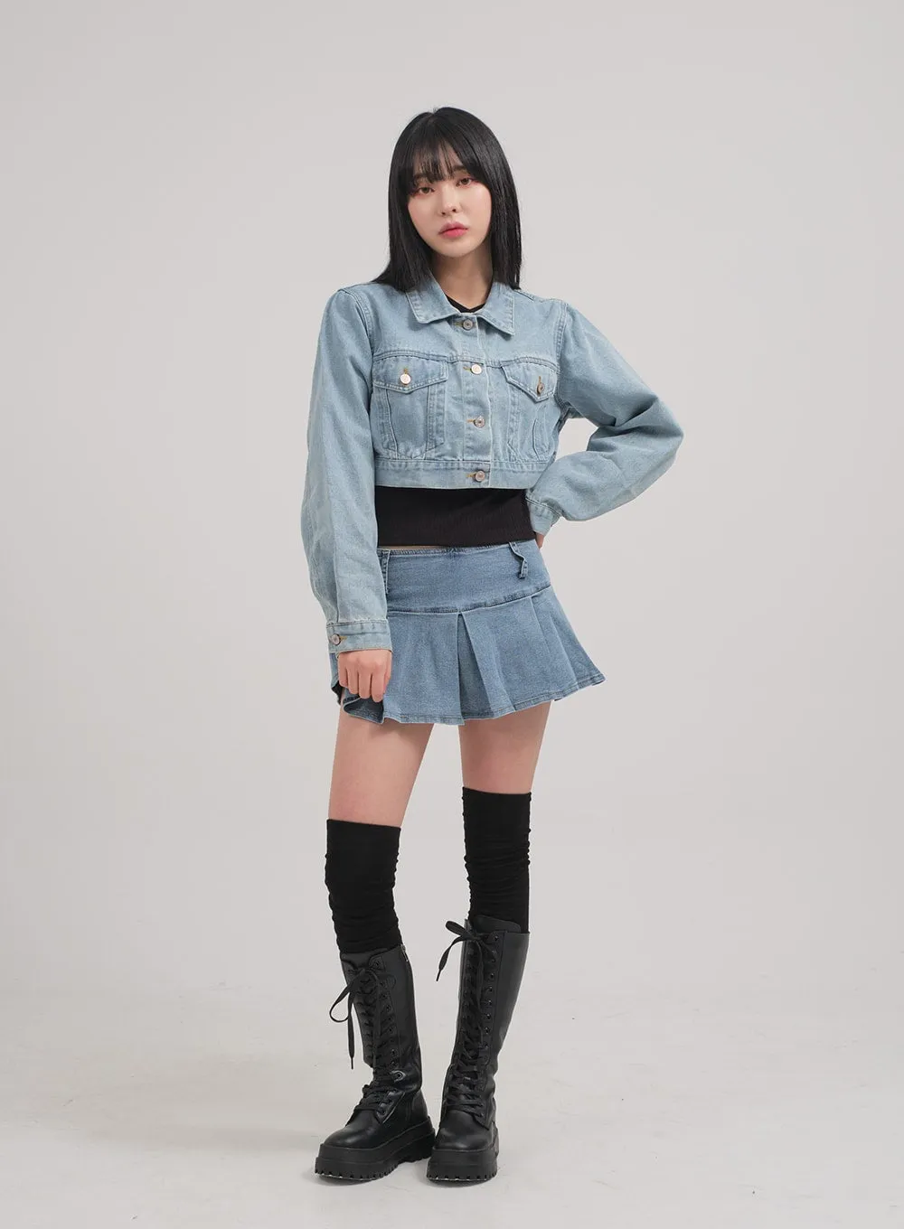 Low Rise Pleated Denim Mini Skirt C0302