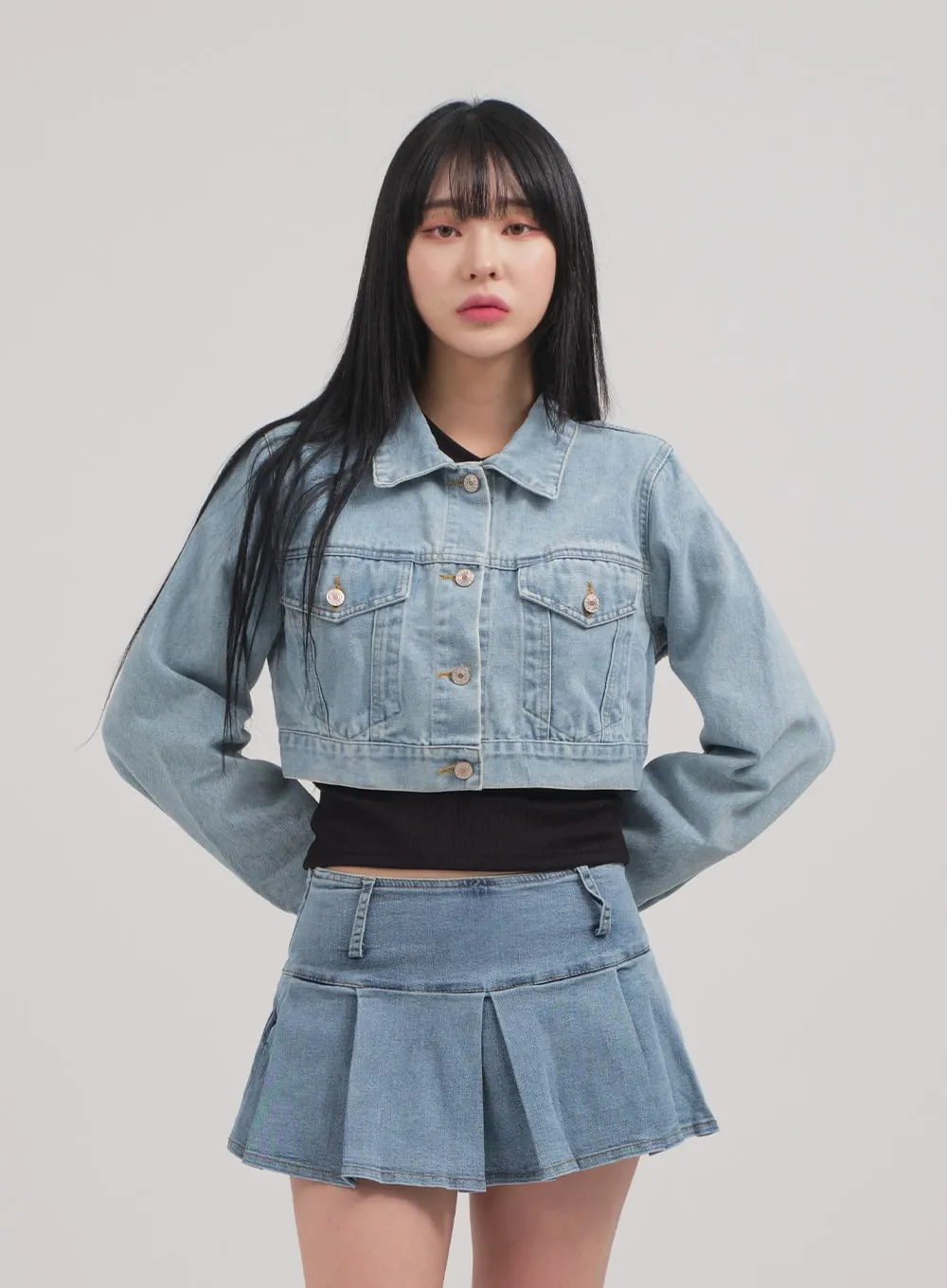 Low Rise Pleated Denim Mini Skirt C0302