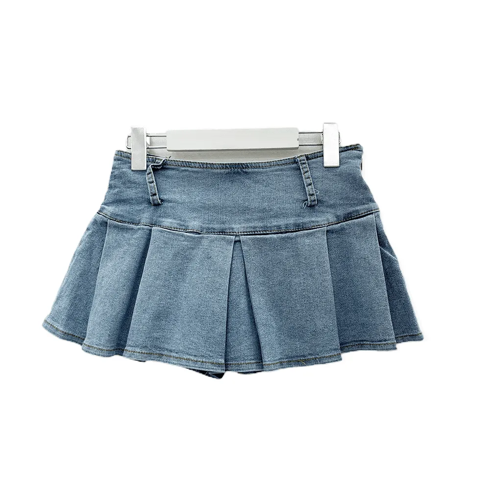 Low Rise Pleated Denim Mini Skirt C0302