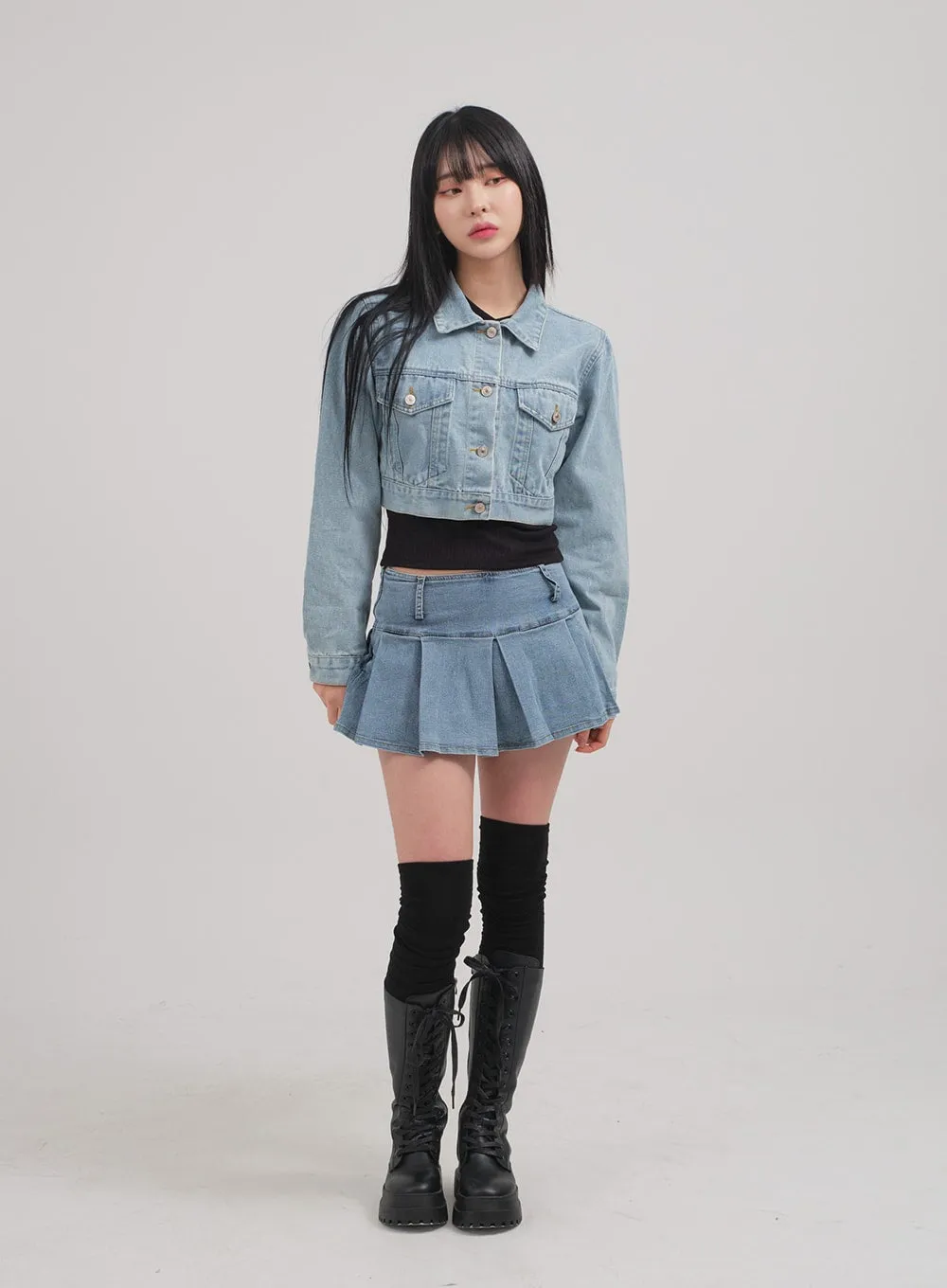 Low Rise Pleated Denim Mini Skirt C0302