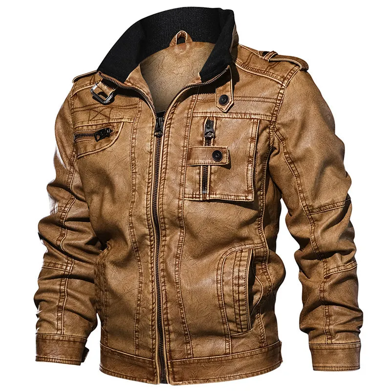 Man Cave PU Leather Jacket Casual Thick Motorcycle Leather Jacket Winter Windproof Coat