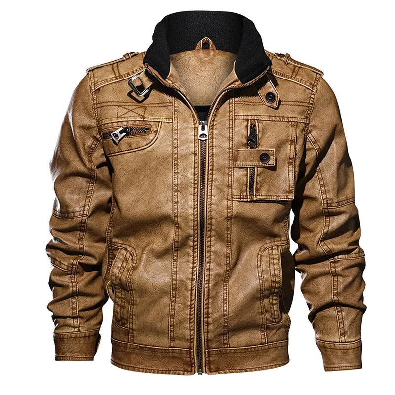 Man Cave PU Leather Jacket Casual Thick Motorcycle Leather Jacket Winter Windproof Coat