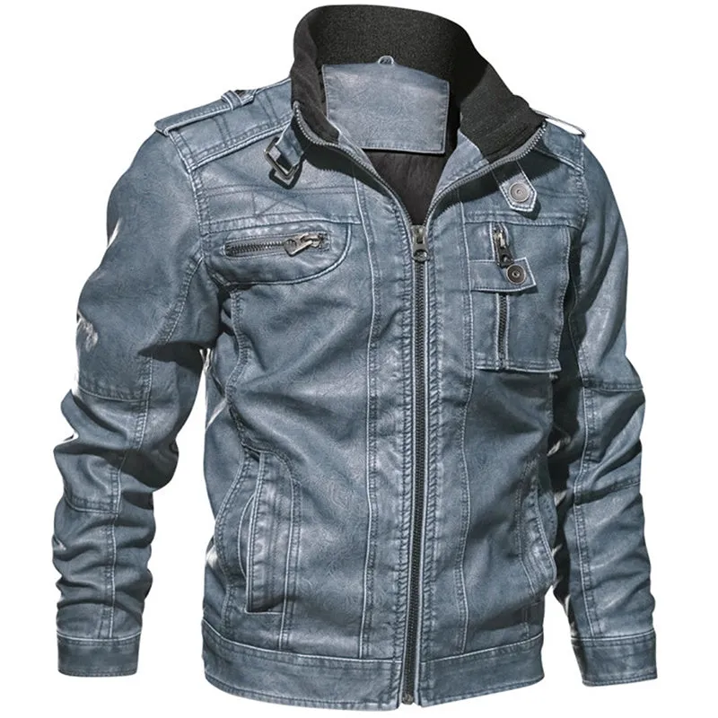 Man Cave PU Leather Jacket Casual Thick Motorcycle Leather Jacket Winter Windproof Coat