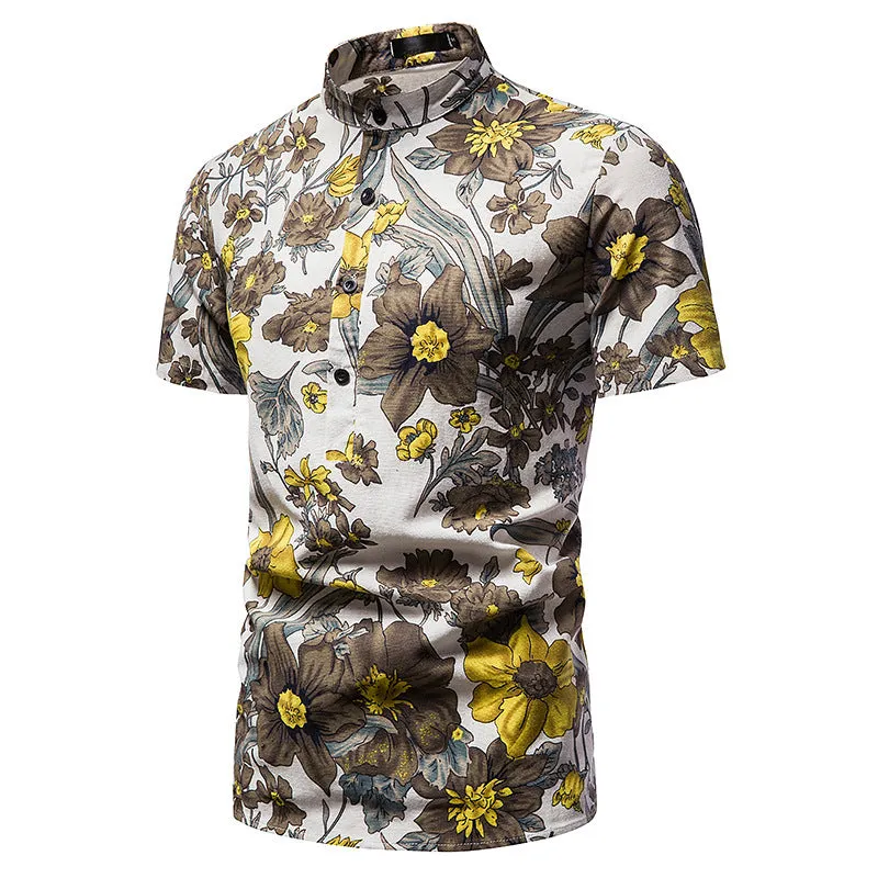 Men Turtleneck Floral Fabric Prints Short Sleeves Shirt