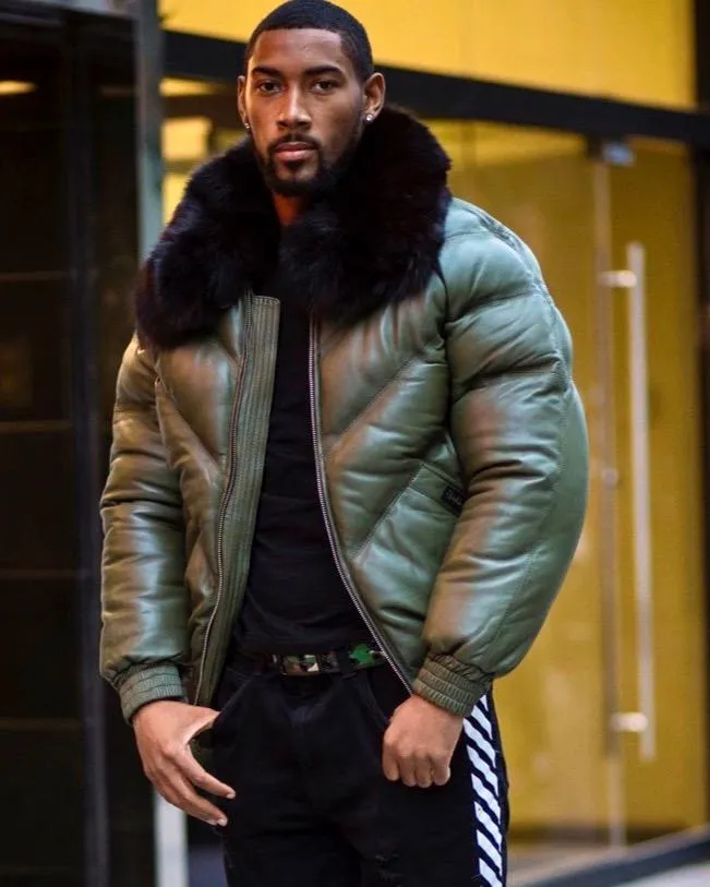 Men V Bomber Jacket - Olive Green ( Black Fur)