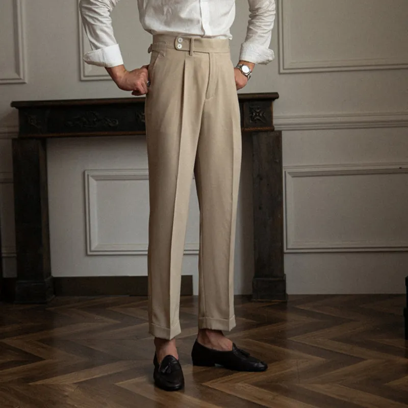 Mens Business Casual High Waisted Pants Retro Slim Fit Dress Pants