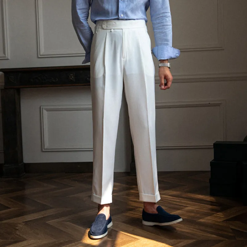 Mens Business Casual High Waisted Pants Retro Slim Fit Dress Pants