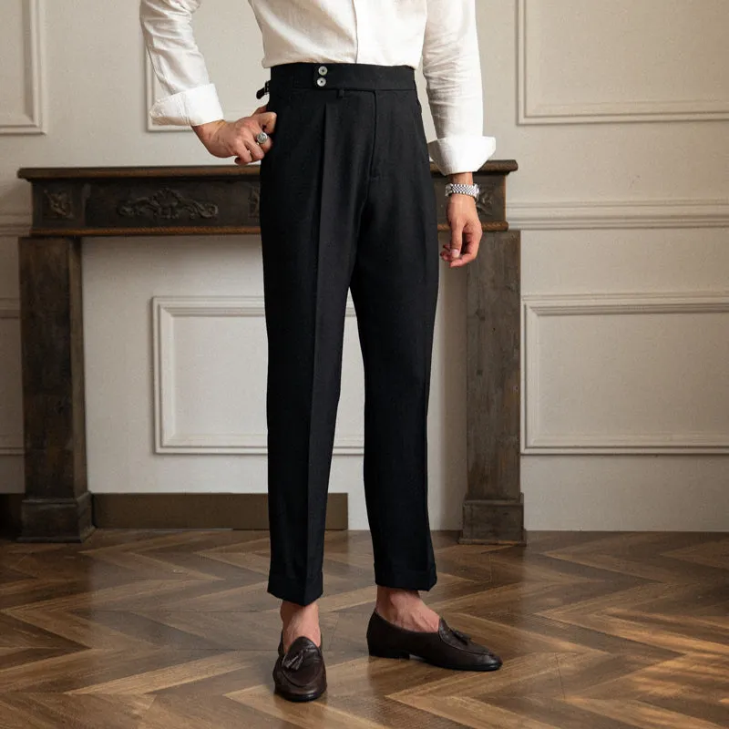 Mens Business Casual High Waisted Pants Retro Slim Fit Dress Pants