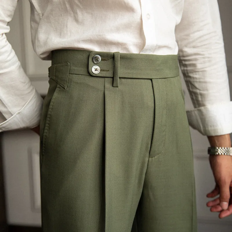 Mens Business Casual High Waisted Pants Retro Slim Fit Dress Pants