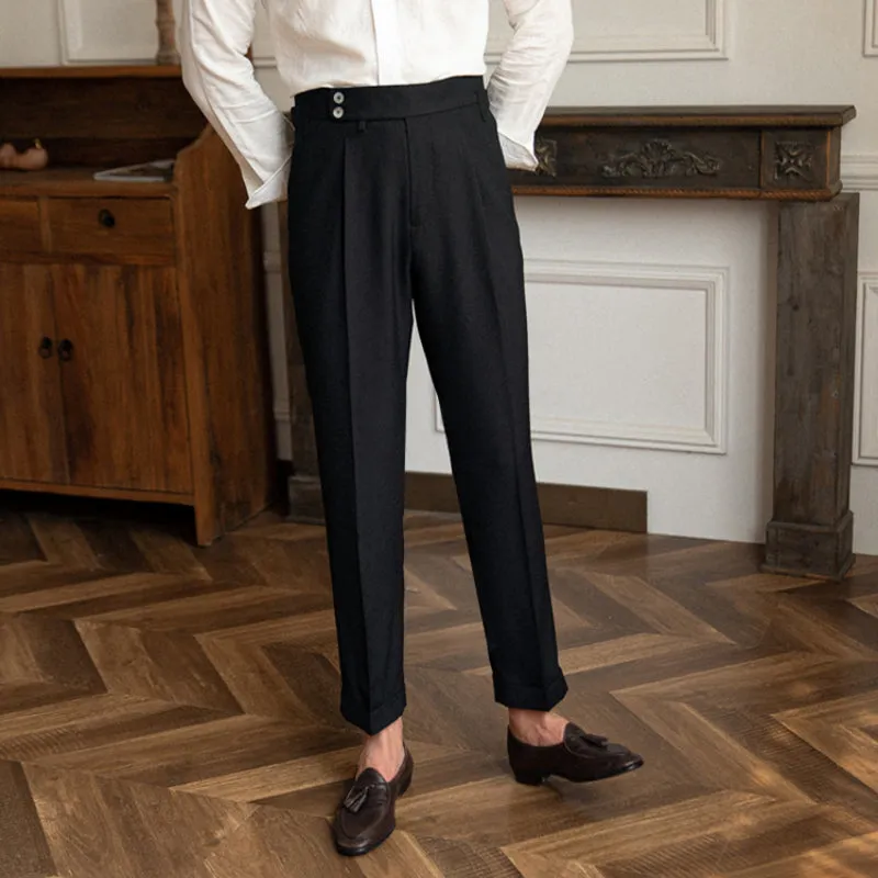 Mens Business Casual High Waisted Pants Retro Slim Fit Dress Pants