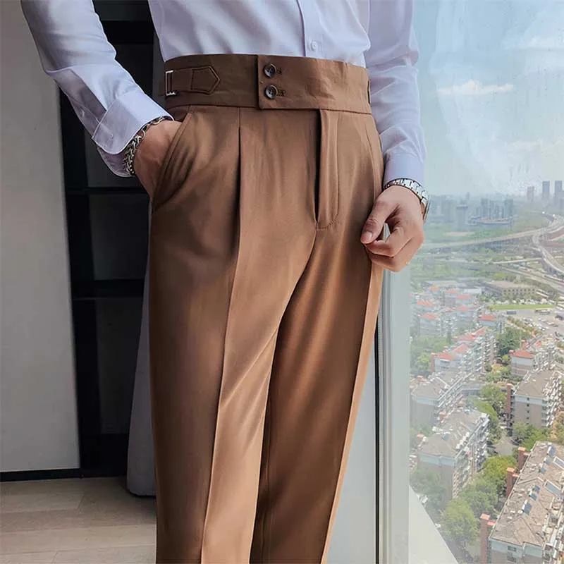 Men's Business High Waist Pants Casual Retro Slim Fit Trousers