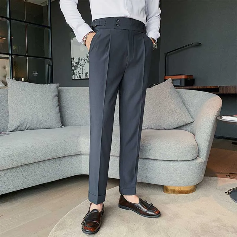 Men's Business High Waist Pants Casual Retro Slim Fit Trousers