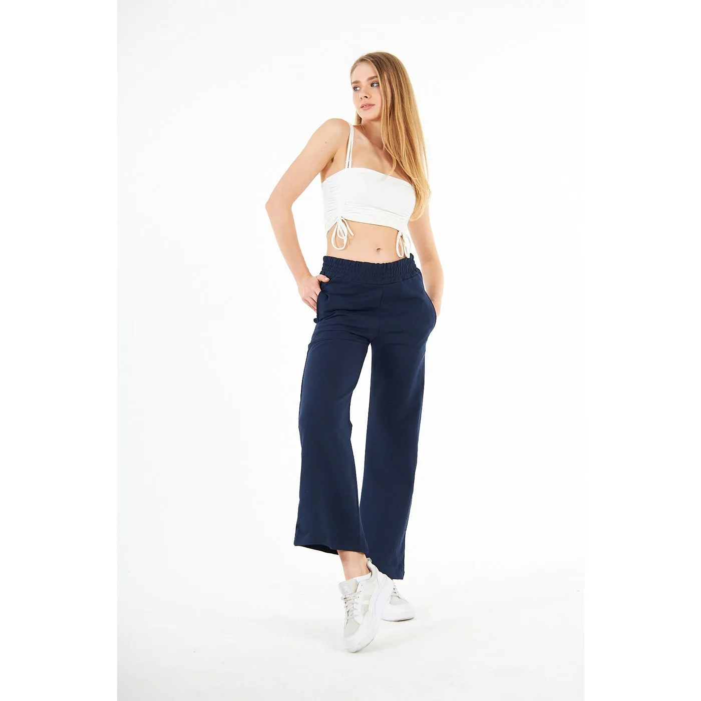 Navy Wide Leg High Trousers