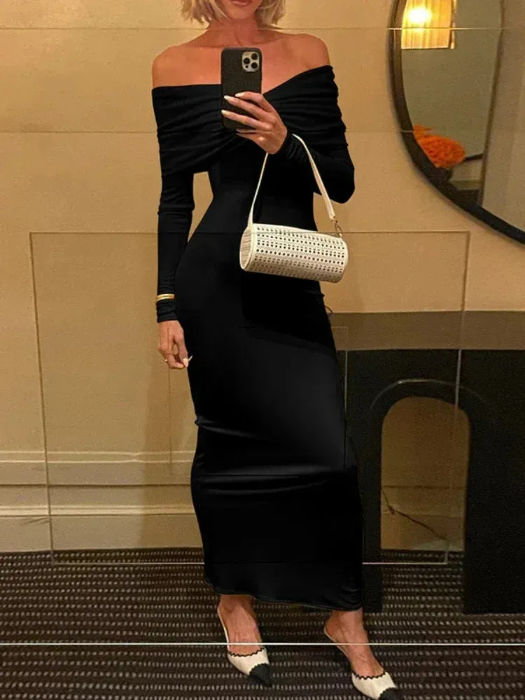 Off Shoulder Long Sleeve Bodycon Dresses 2023 Fall Winter Elegant Sexy Women Evening Party Dress White Black C95-BI38