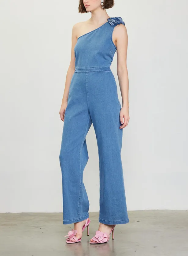 One Shoulder Denim Jumpsuit