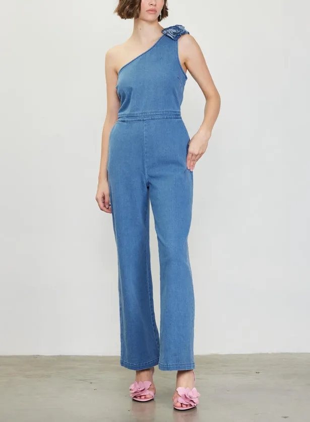 One Shoulder Denim Jumpsuit