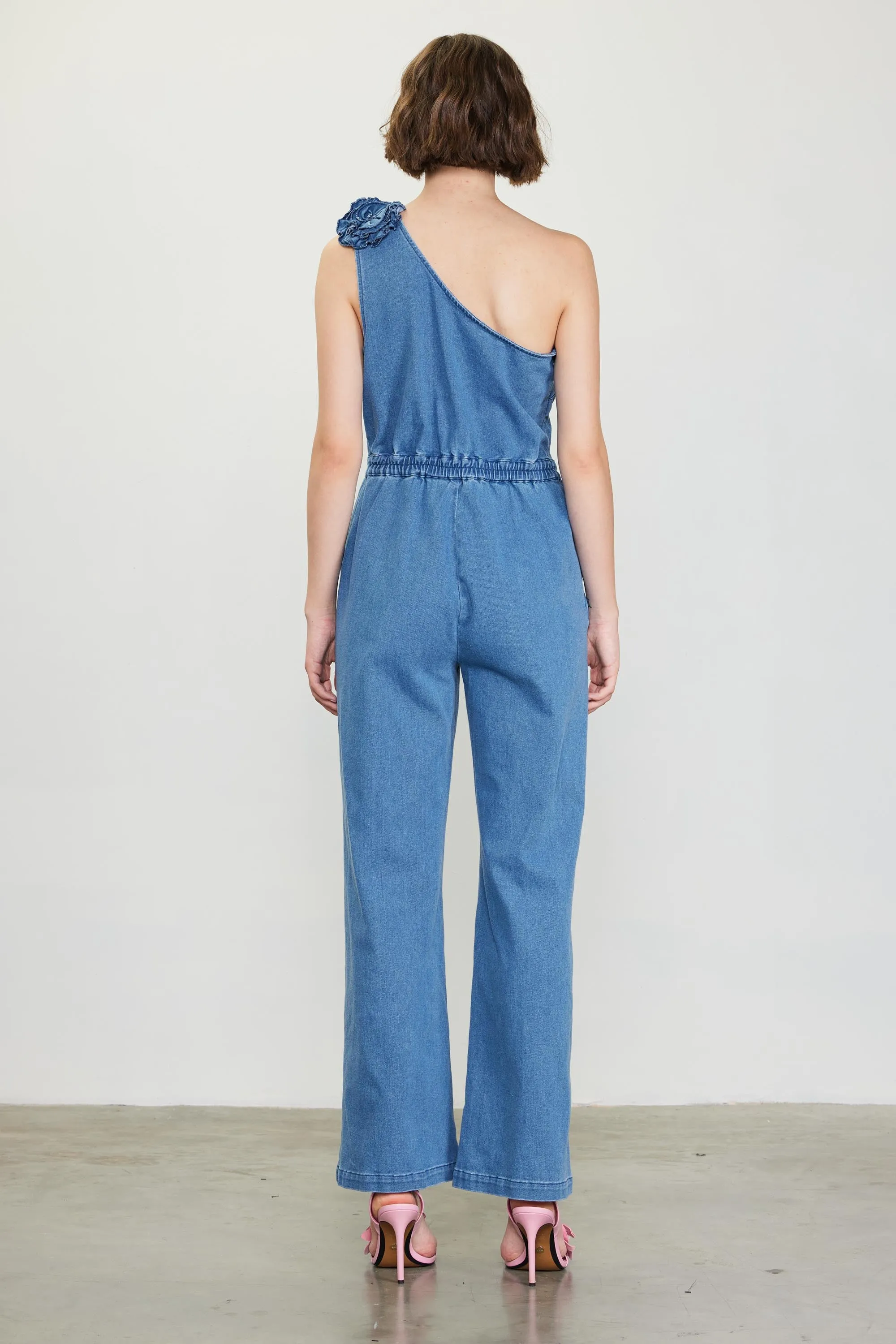 One Shoulder Denim Jumpsuit