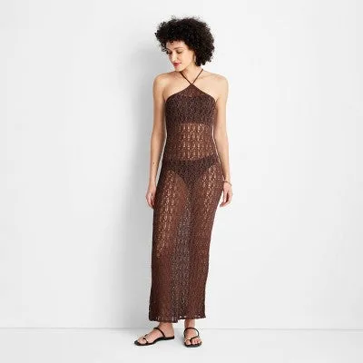 Open Box - Future Collective Women's See-Through Open Stitch Maxi Sheer Dress