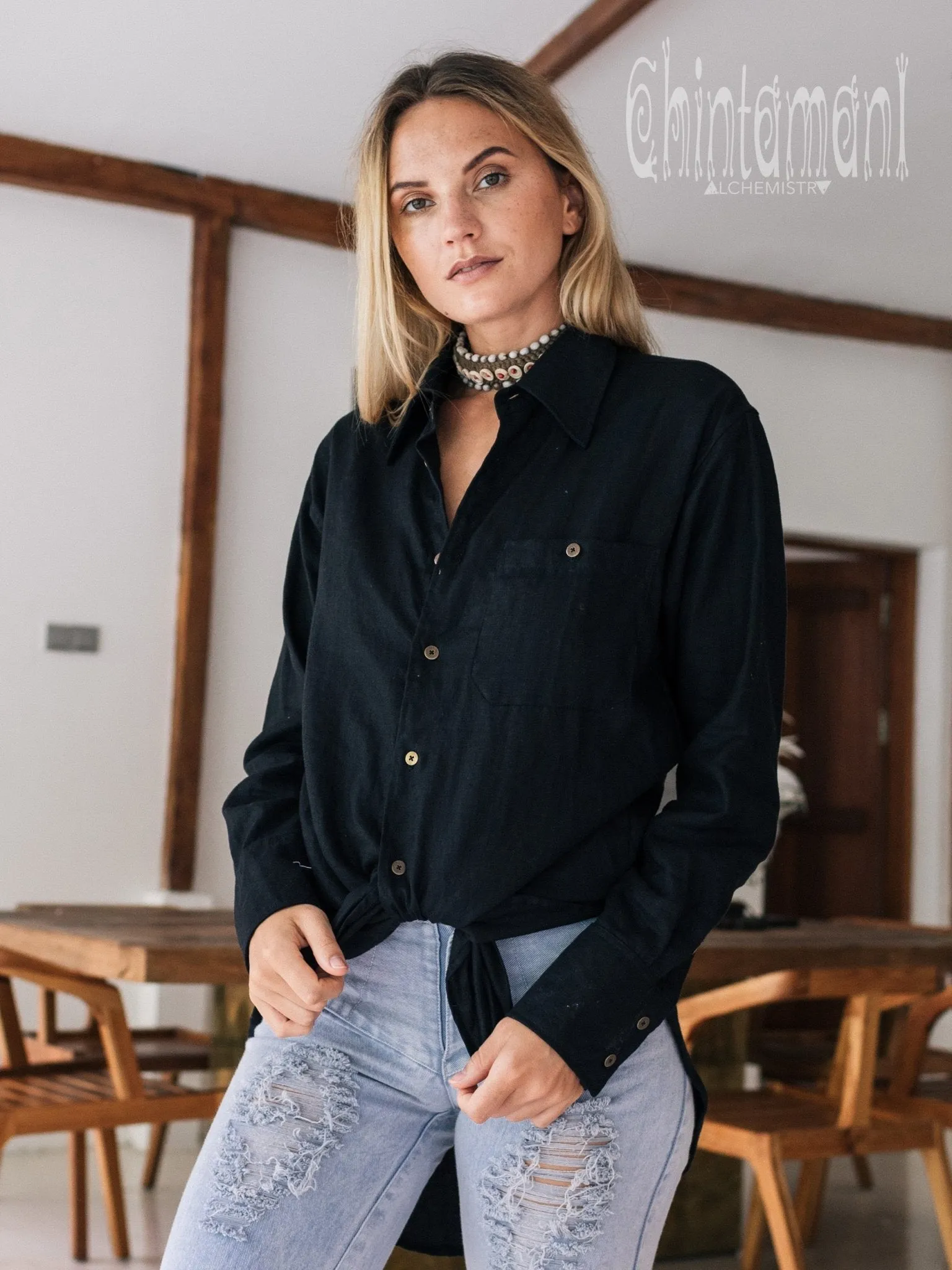 Oversized Linen & Silk Button Shirt for Women / Black