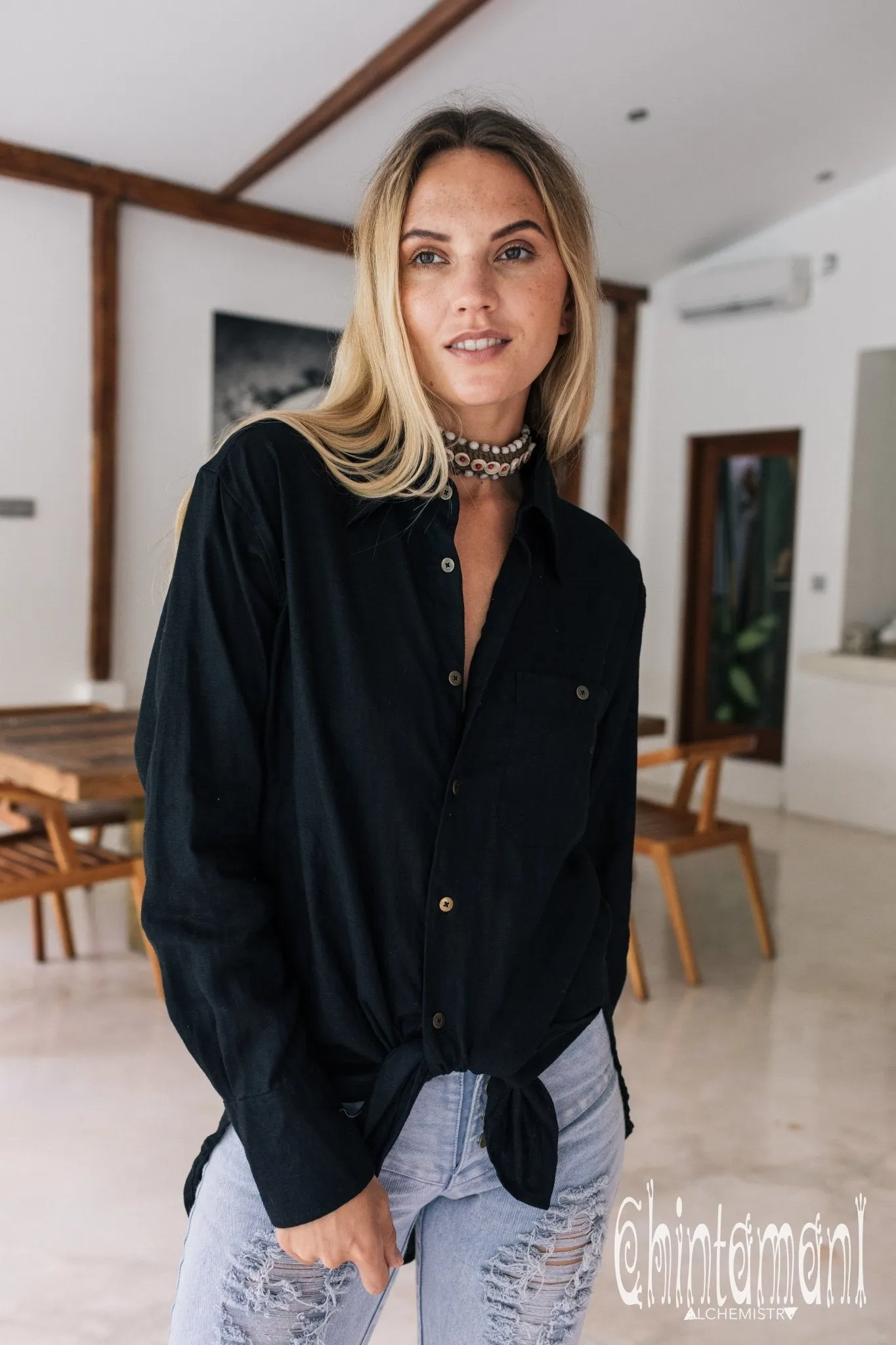 Oversized Linen & Silk Button Shirt for Women / Black