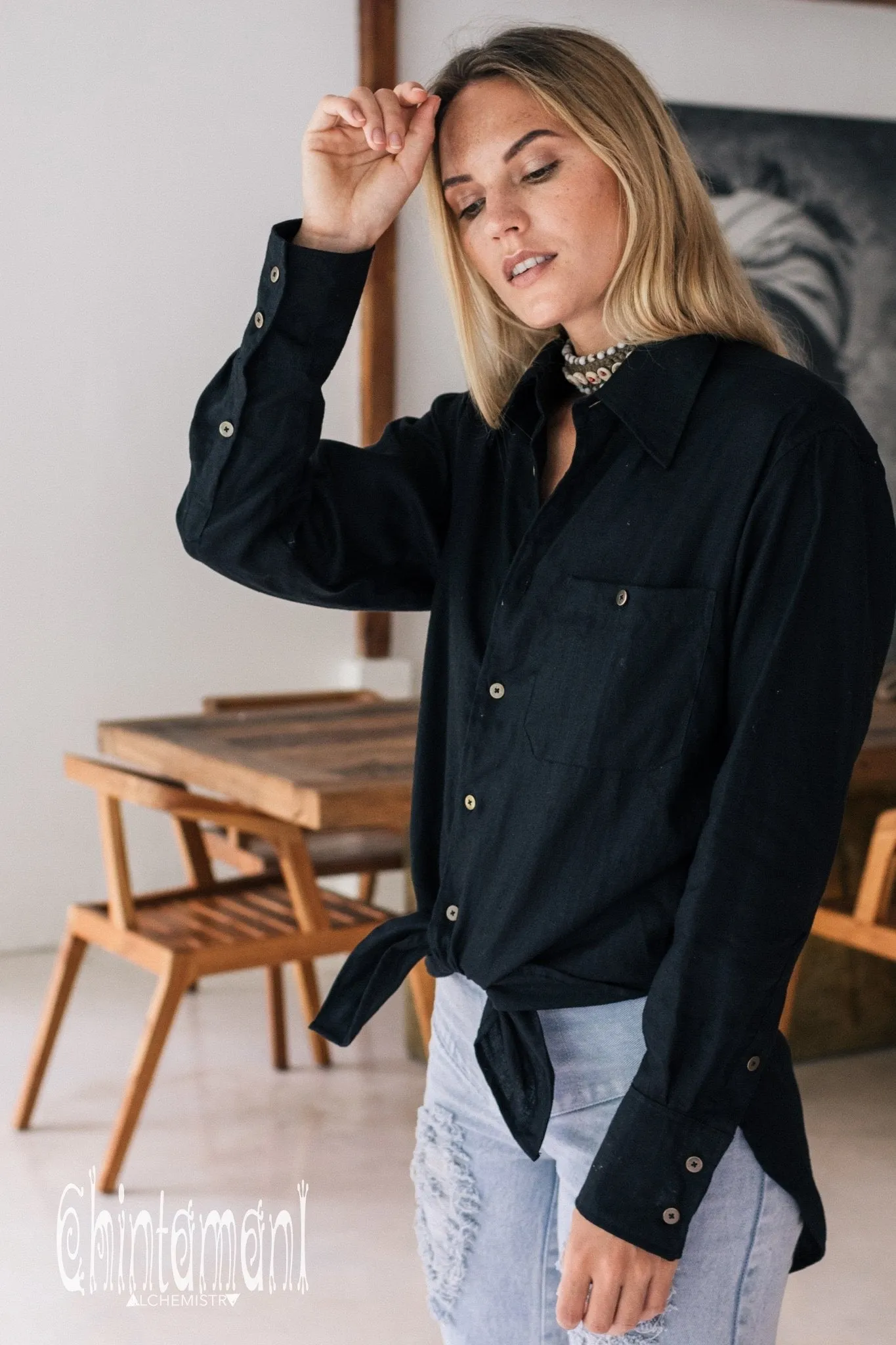 Oversized Linen & Silk Button Shirt for Women / Black