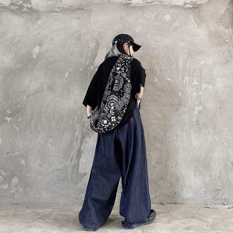 Paint Brushstrokes Print Retro Gray Blue Oversized Pants