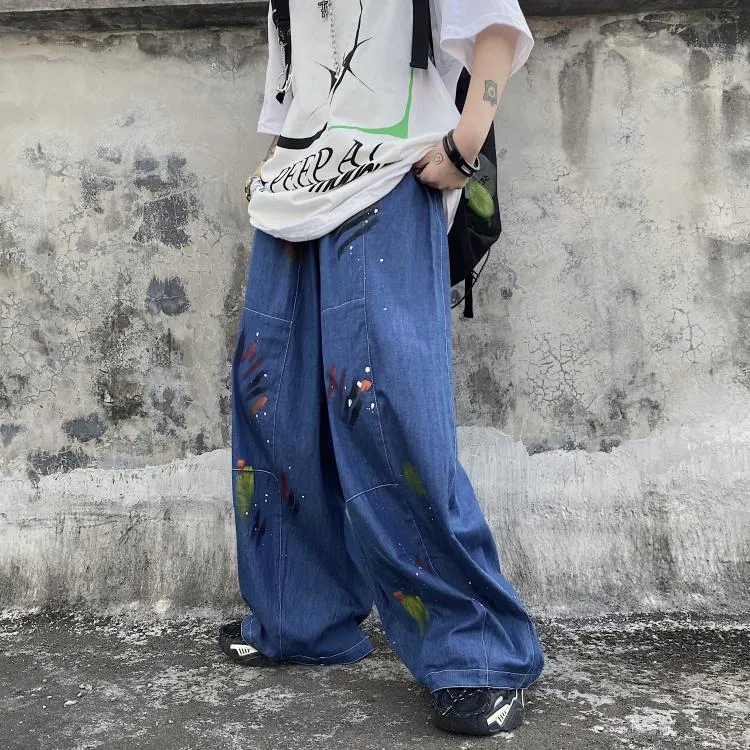 Paint Brushstrokes Print Retro Gray Blue Oversized Pants