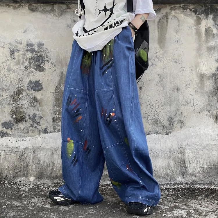 Paint Brushstrokes Print Retro Gray Blue Oversized Pants