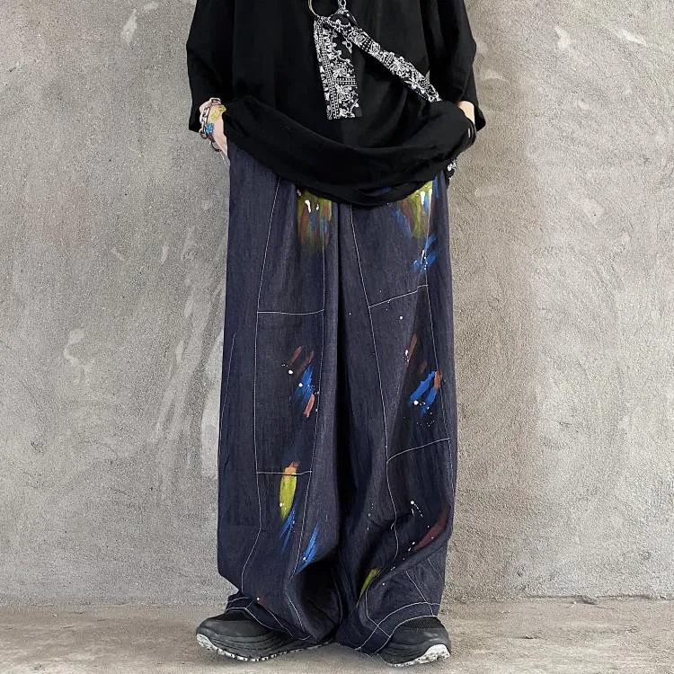 Paint Brushstrokes Print Retro Gray Blue Oversized Pants