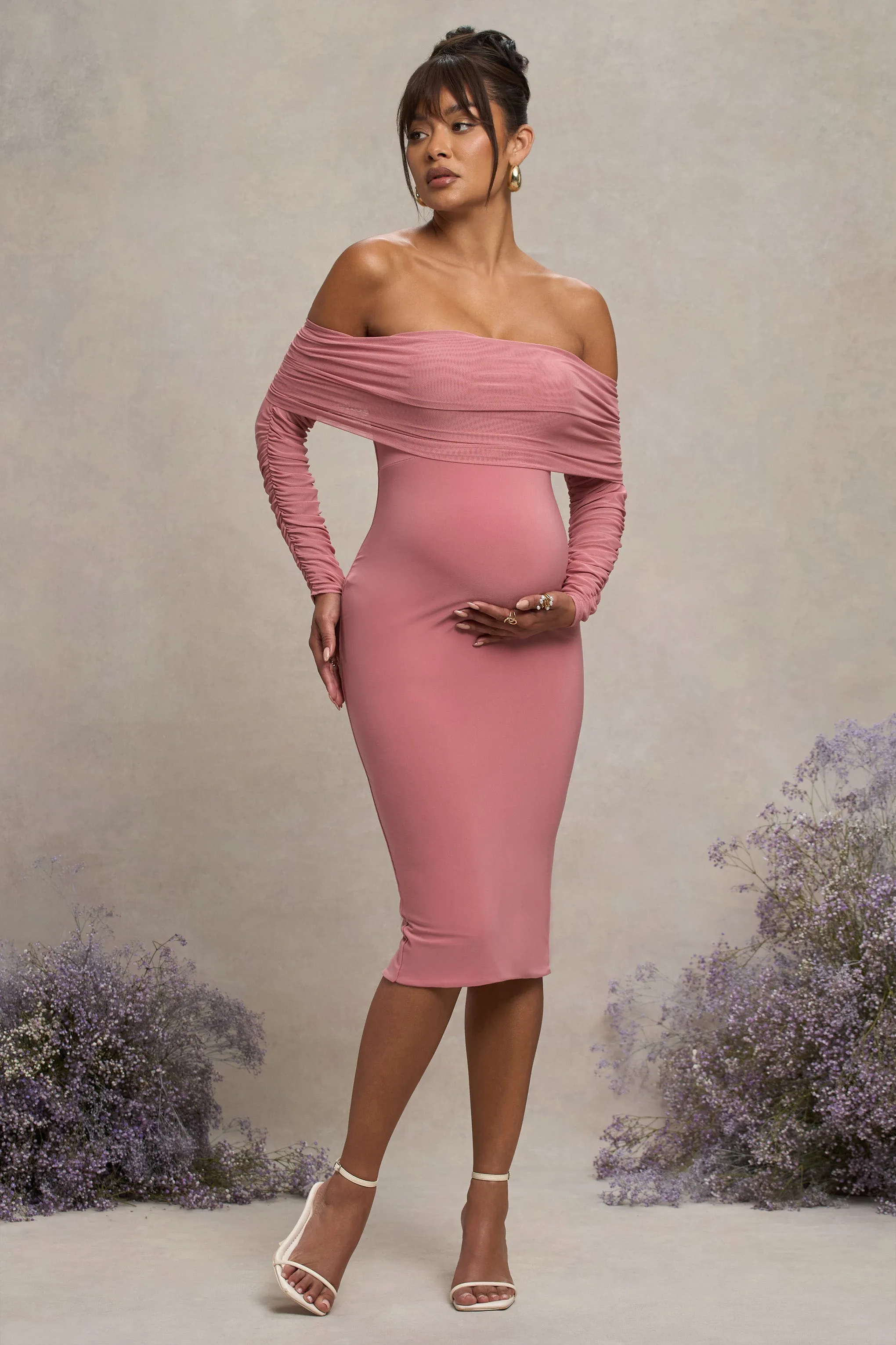 Patiently Waiting | Blush Pink Maternity Ruched Mesh Bardot Midi Dress