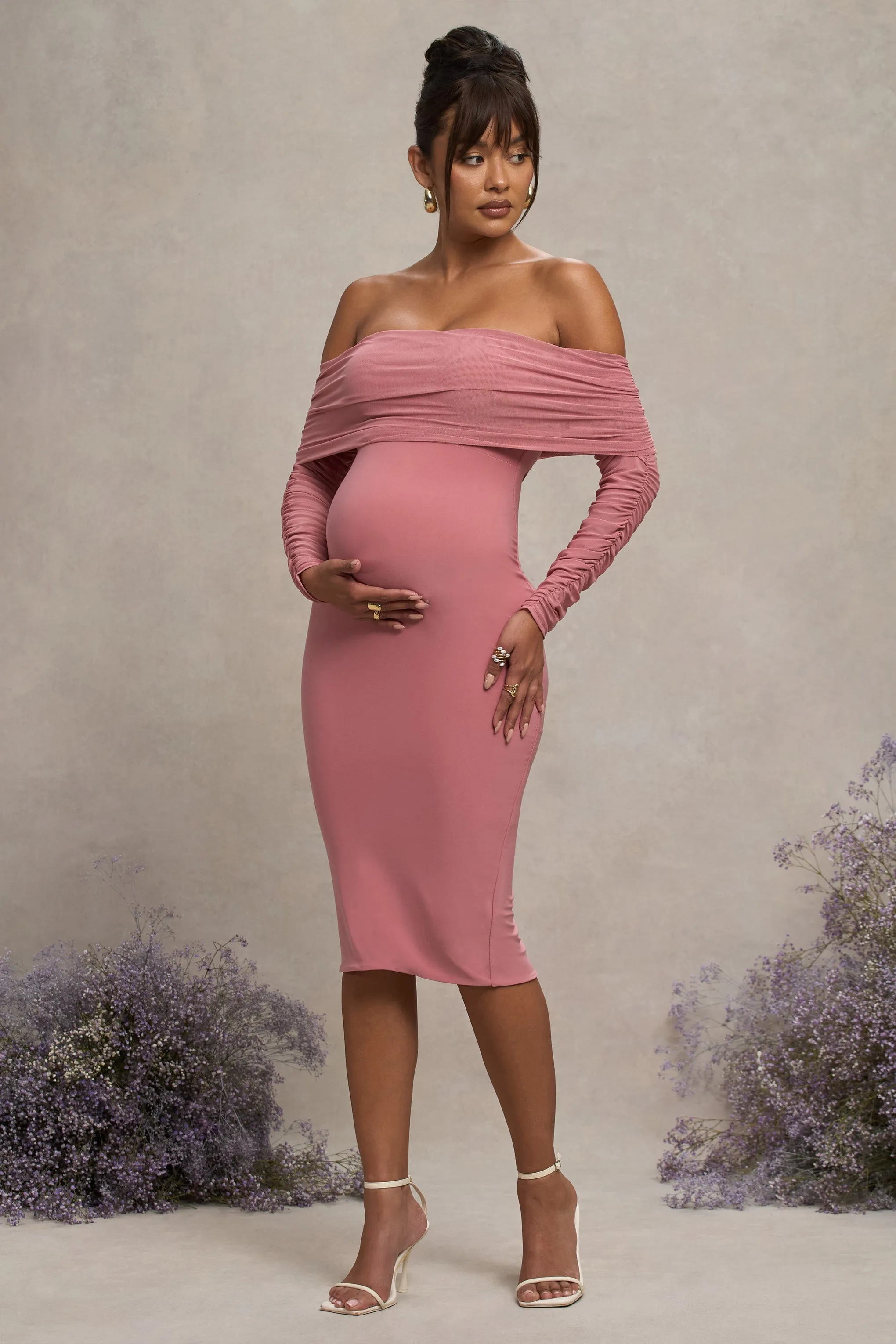 Patiently Waiting | Blush Pink Maternity Ruched Mesh Bardot Midi Dress