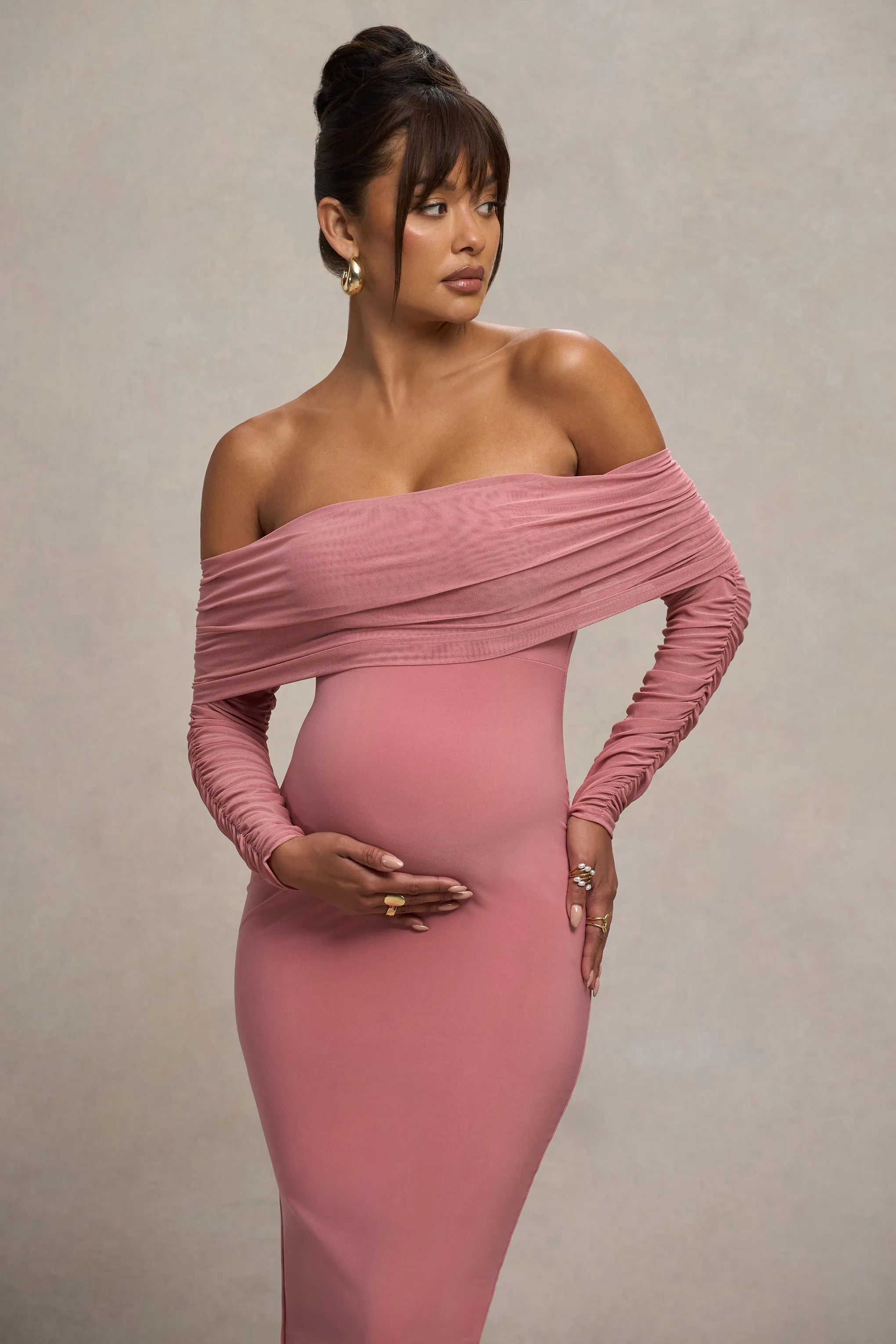 Patiently Waiting | Blush Pink Maternity Ruched Mesh Bardot Midi Dress