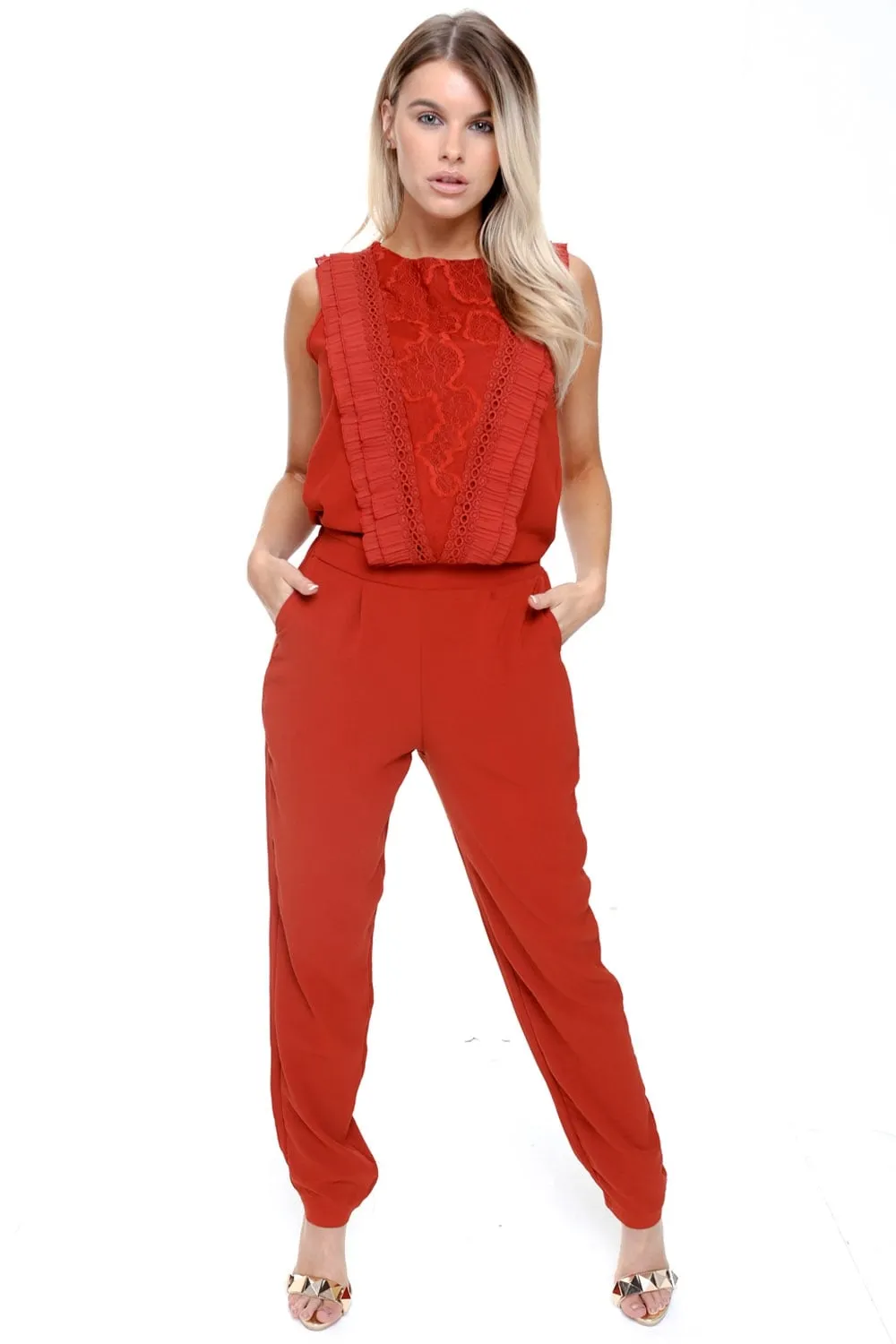 Pleated Ruffle Lace Detail Pocket Smart Jumpsuit