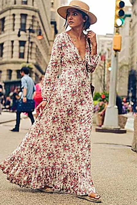 Plunging Long Sleeve Floral Maxi Dress