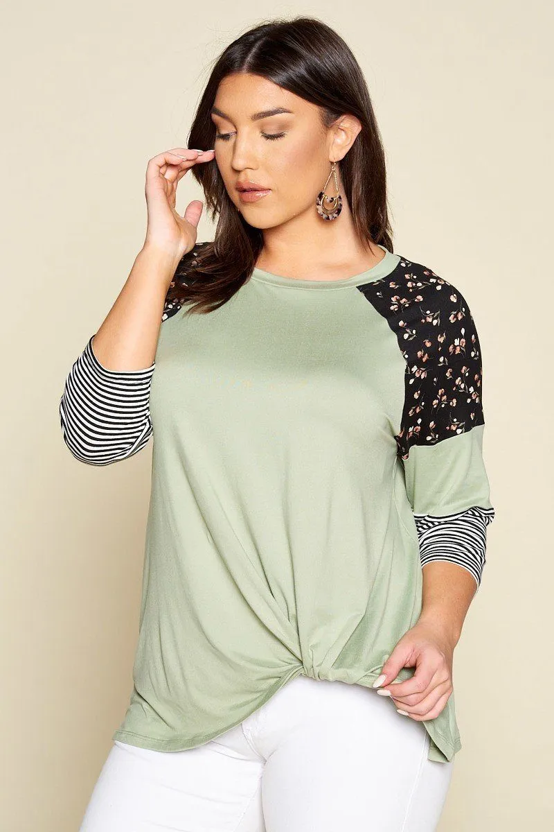 Plus Size Floral And Striped Color Block Sleeves Tunic Top With Side Twist